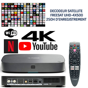 Décodeur satellite HD FREESAT UHD-4X500, 200 chaînes sat anglaises, 13 chaînes anglaises HD, sans abonnement, 250h enregistrement